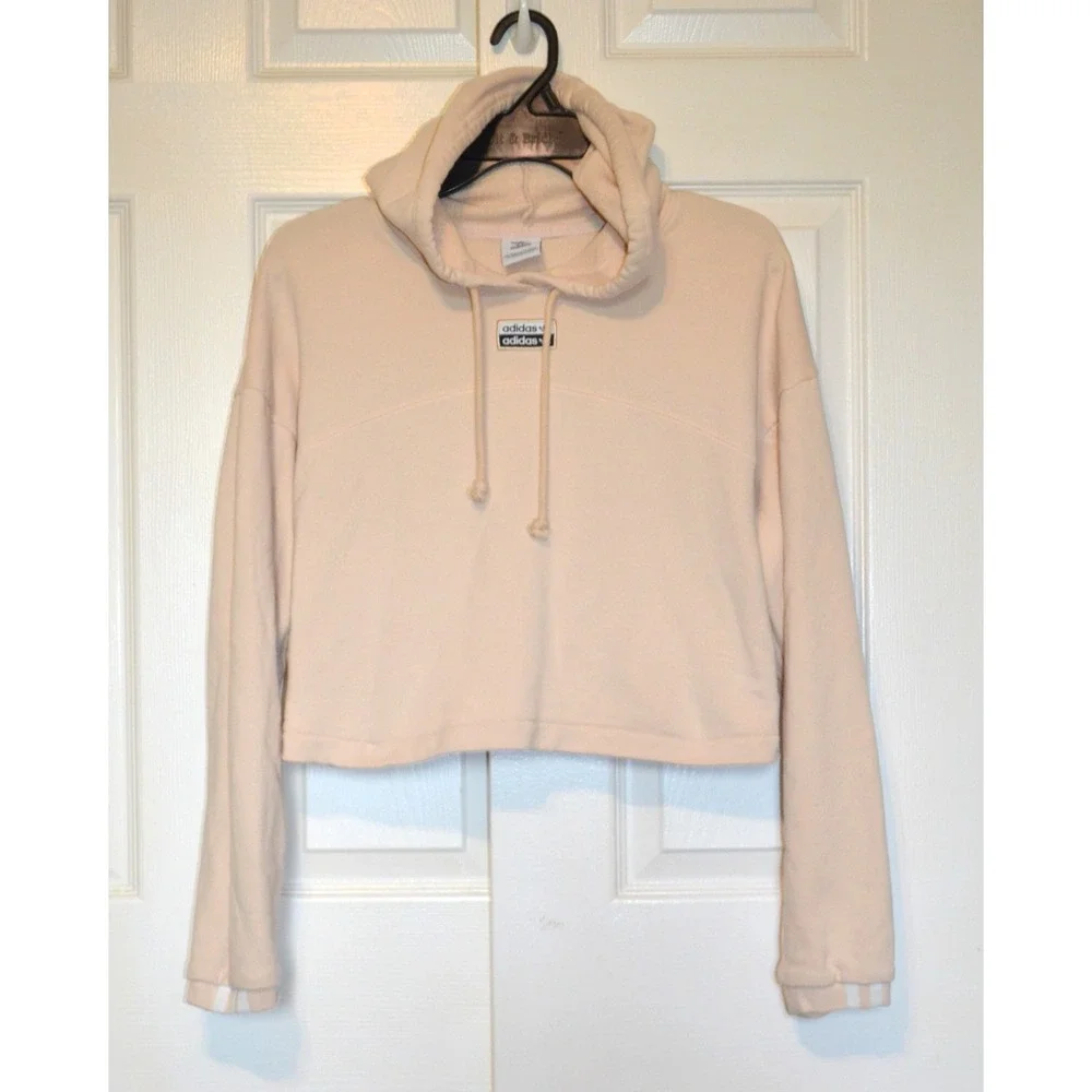 Adidas‎ Women's L Oversized Beige Cropped Hoodie Pullover Sweatshirt Logo